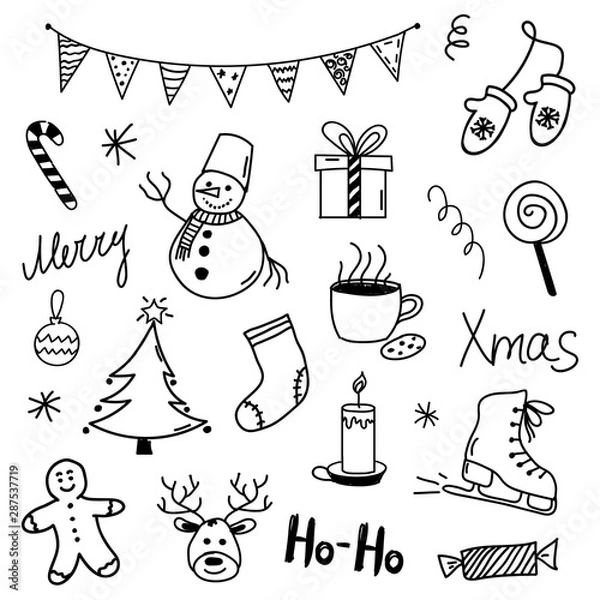 Obraz Set of Christmas hand drawn doodles on white background