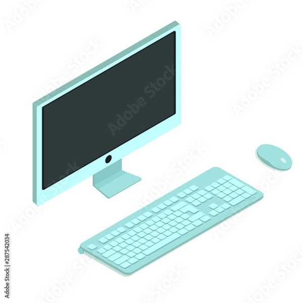 Obraz personal computer is turned off, keyboard and mouse - vector image, isometry, isolated on white background