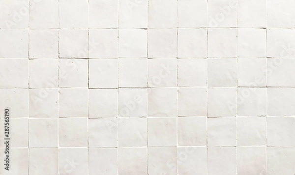 Fototapeta Old retro white ceramic tile texture background. White square tiled wall.