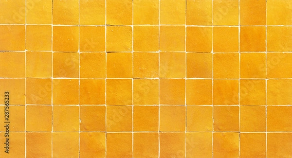 Obraz Old retro orange ceramic tile texture background. Orange square tiled wall.