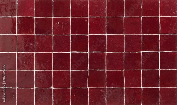 Obraz Old retro dark brown ceramic tile texture background. Dark brown square tiled wall.