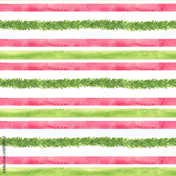 Fototapeta Watercolor hand drawn seamless pattern with  abstract red and green stripes and fir branch isolated on white background.
