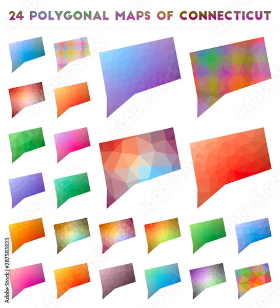Fototapeta Set of vector polygonal maps of Connecticut. Bright gradient map of US state in low poly style. Multicolored Connecticut map in geometric style for your infographics.