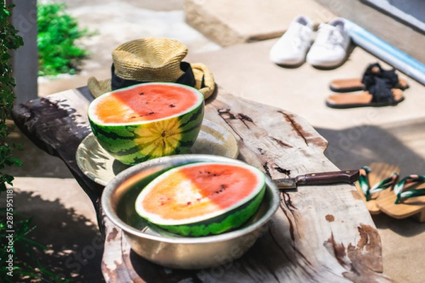 Obraz 田舎の縁側で過ごす　スイカと蚊取り線香