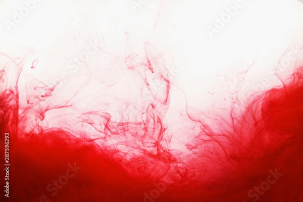 Fototapeta Red ink in the water abstract grunge paint swirl isolated on white background. Blood concept with copy space