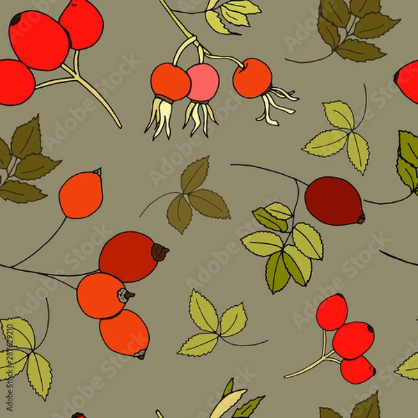 Fototapeta Seamless pattern of ripe rose hips on a light brown background. Ideal for design, fabric, packaging, wallpaper, textiles. Vector illustration