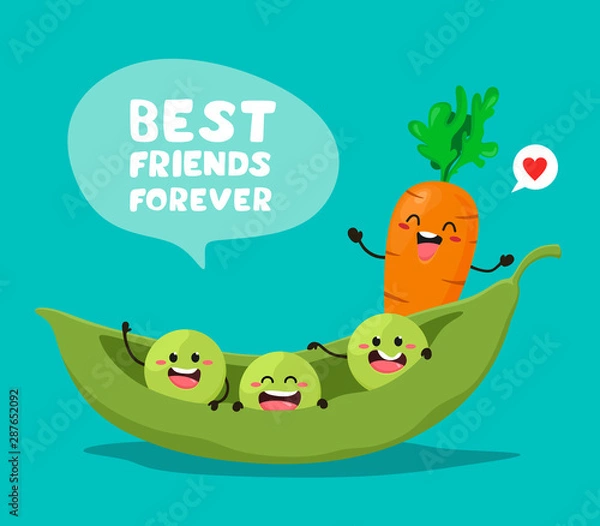 Fototapeta Funny green peas and carrots with the slogan. Best friends forever. Vector illustration in cartoon style.