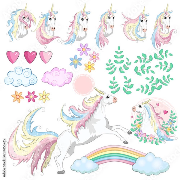 Fototapeta Large set with unicorns, flowers, leaves, hearts, rainbow and other design elements.