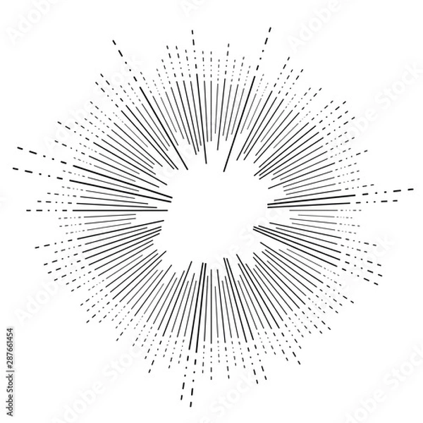 Fototapeta Radial, radiating beams, rays starburst, sunburst lines. Circular burst, firework, blast or explosion effect. Concentric, converging array sparkle effect. Irregular, dashed stripes
