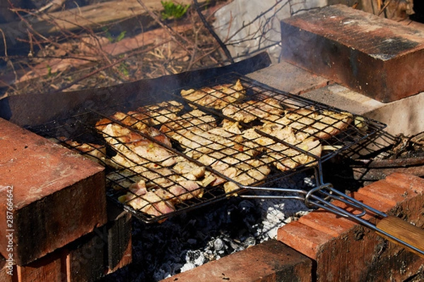 Obraz Ruddy chicken kebab is roasted on the grill