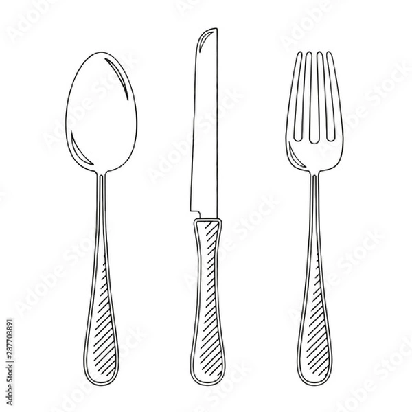 Fototapeta Fork, knife, spoon - black and white illustration/ drawing