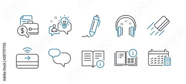 Fototapeta Set of Education icons, such as Chat message, Signature, Technical info, Idea, Headphones, Instruction info, Credit card, Accounting report, Contactless payment, Calendar line icons. Vector