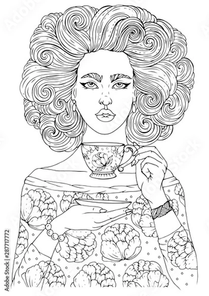 Fototapeta JPEG hand drawn girl in retro style with hairstyle curly hair. Print blouse peonies. Glamorous model holds a saucer and sips a hot drink tea, coffee. Ornamental Coloring page for adults. Design card 
