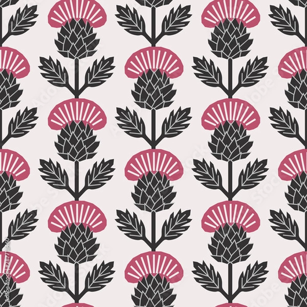 Obraz Scandinavian style thistle floral vector black and dark pink seamless pattern. Wrapping paper design.