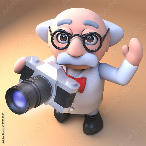 Fototapeta 3d mad scientist professor character taking a photo with a camera, 3d illustration