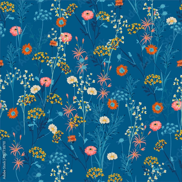 Fototapeta Colorful hand drawn of many kind of summer blooming meadow flowers and botanical plants seamless pattern in vector design,