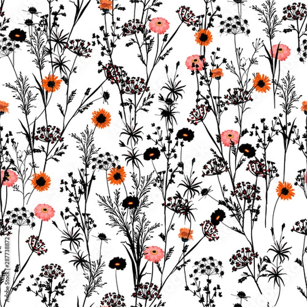 Fototapeta Stylish black and white silhouette of  Hand drawn meadow Floral with spot of red and orange blooming flowers pattern. Seamless vector texture.