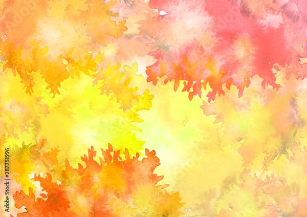 Fototapeta Watercolor autumn trees of yellow, red, orange color. Autumn forest. Watercolor art background with capacitance for your lettering or text. Beautiful splash of paint. Abstract creative background.