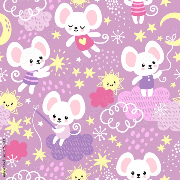 Obraz Vector seamless pattern with a cute little mouse who sits on the clouds.