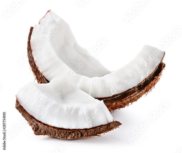 Fototapeta Coconut slice. Coco pieces isolated on white background.