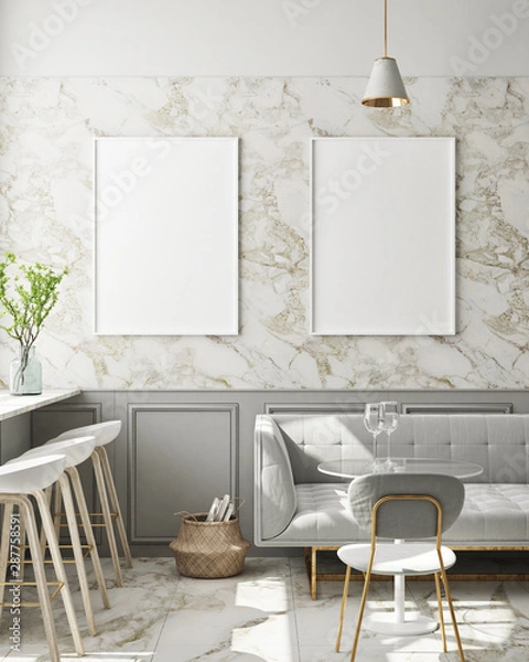 Fototapeta mock up poster frame in modern interior background, cafe, restaurant, 3D render, 3D illustration