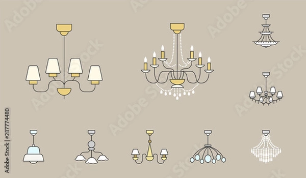Obraz Chandelier Icons Set - Vector colored silhouettes vintage and luxury chandelier