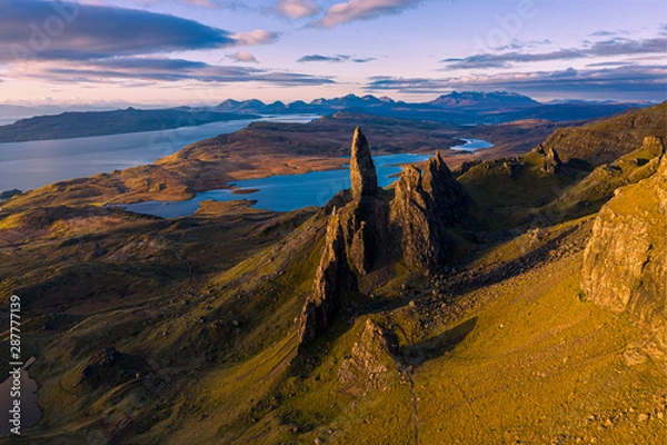 Obraz Aerial view of the Old Man of Storr at sunrise, Isle of Skye, Scotland, UK