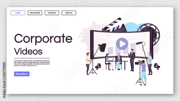 Fototapeta Corporate videos landing page vector template. Business conference shooting website interface idea with flat illustrations. Mass media homepage layout. Web banner, webpage cartoon concept