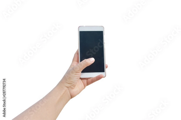 Fototapeta Woman Hand holding smart phone blank screen. Copy space. Hand holding smartphone isolated on white background with clipping path.