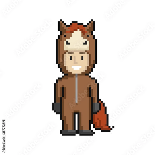Fototapeta Сute cartoon kid in horse costume. Pixel art on white background. Vector illustration.