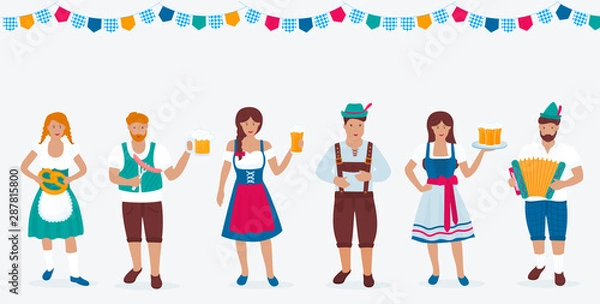 Fototapeta A group of people in traditional German costumes celebrate Oktoberfest. Lederhosen and Dirndl. A man in a green hat with a feather plays the accordion. Beer, sausage, pretzel.