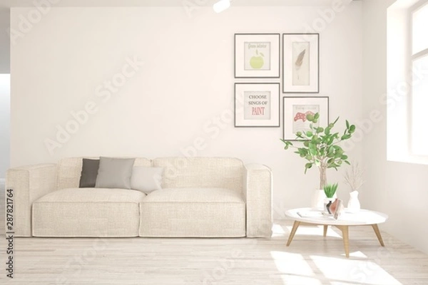 Fototapeta Stylish room in white color with sofa. Scandinavian interior design. 3D illustration