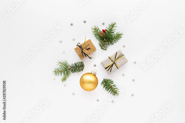 Fototapeta Christmas composition.Star gift box and christmas ball  top view background with copy space for your text. Flat lay