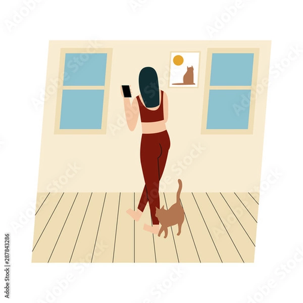 Fototapeta Woman with her cat. Woman dressed in trendy clothes spending time with a pet - cat asking for attention. Flat vector illustration.