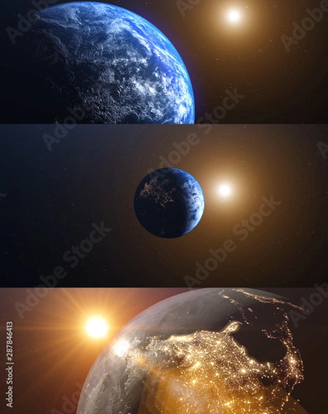Fototapeta Mix of 3D rendering The Planet Earth, World with sun. Realistic Hiqh quality 3 vertical illustration