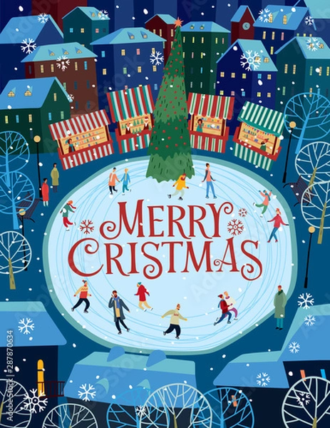 Fototapeta Greeting card Merry Christmas. Cat at the Christmas market and lettering. Vector full color graphics