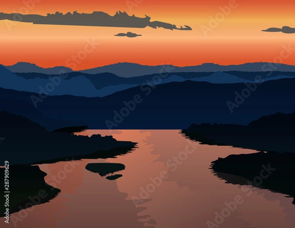 Obraz 湖と山々の夕焼け