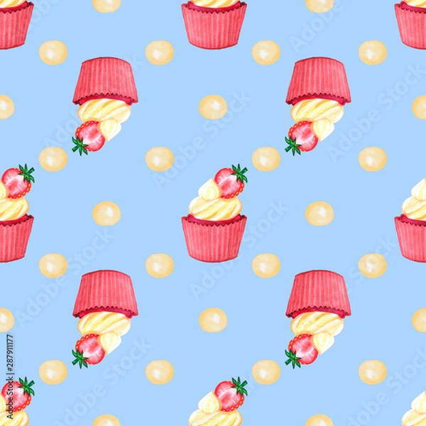 Fototapeta Sweet delicious watercolor pattern with cupcakes. Hand-drawn background. illustration.