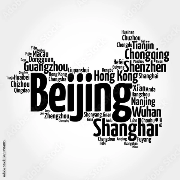 Fototapeta List of cities and towns in CHINA, map silhouette word cloud, business and travel concept background
