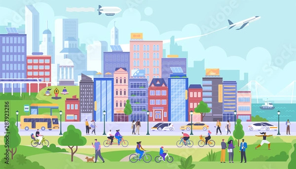 Obraz Ilustracja wektorowa płaski panorama miasta nowoczesne