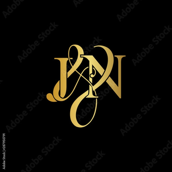 Fototapeta Initial letter J & N JN luxury art vector mark logo, gold color on black background.