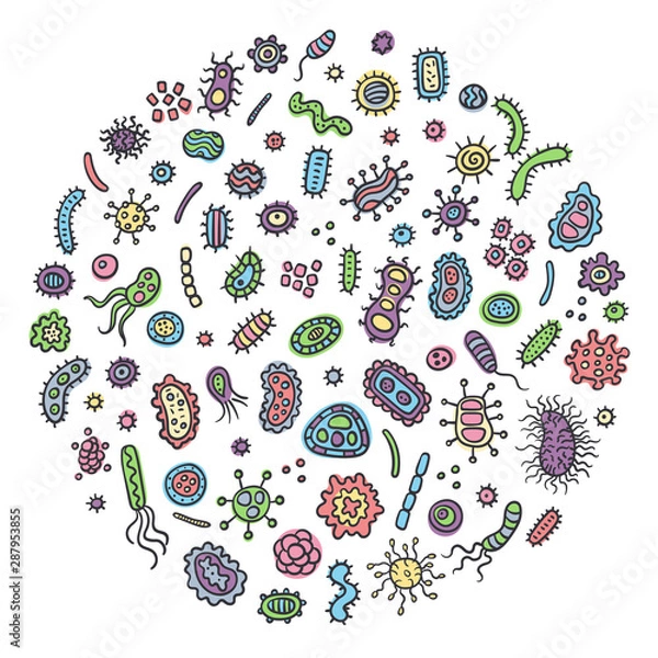 Fototapeta Bacterial microorganism in a circle color. Doodle style germs, primitive organisms, micro-organisms, disease-causing objects, cell cancer, bacteria, viruses, fungi, protozoa. Germs and bacteria logo