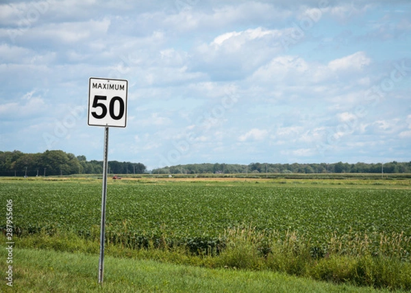 Obraz Countryfield speed limit sign on the road. Countryside. Limite de vitesse sur la route avec champ derrière