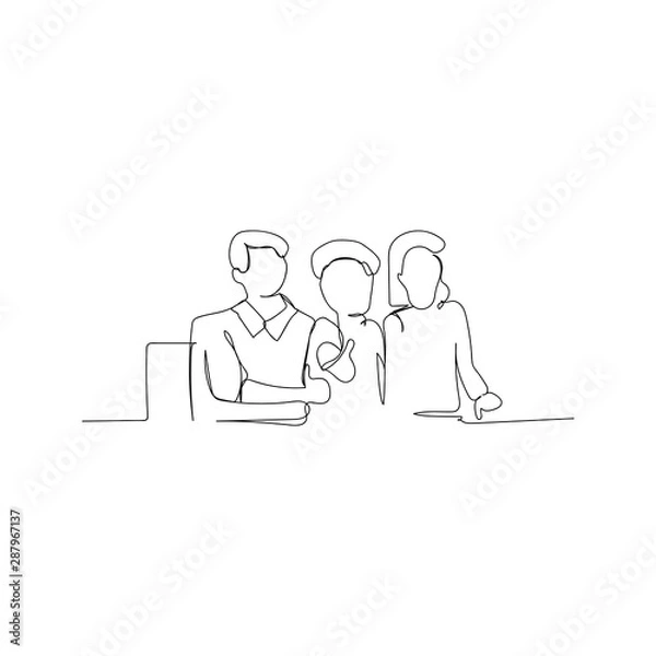 Fototapeta continuous line drawing of three people sitting. isolated sketch drawing of three people sitting line concept. outline thin stroke vector illustration