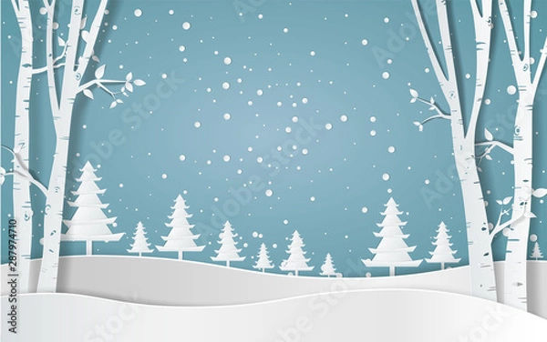 Fototapeta Merry christmas,Snow forest. pines in winter and mountain Paper vector Illustration