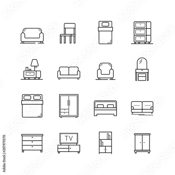 Fototapeta Set of line icon is furniture for indoor room. Editable stroke. Vector illustration. Eps10.