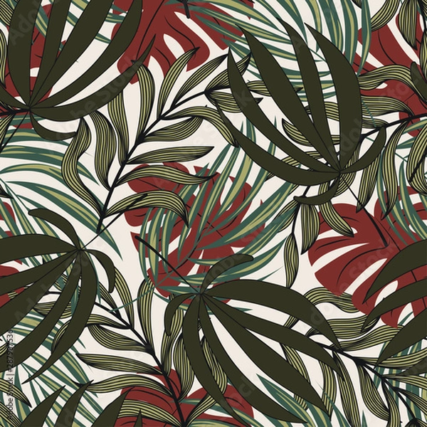 Fototapeta Tropical seamless pattern with leaves and plants on white background. Fashion design, textile, printing. Vector floral seamless pattern. Exotic plants. Beautiful pattern. Hawaiian print.