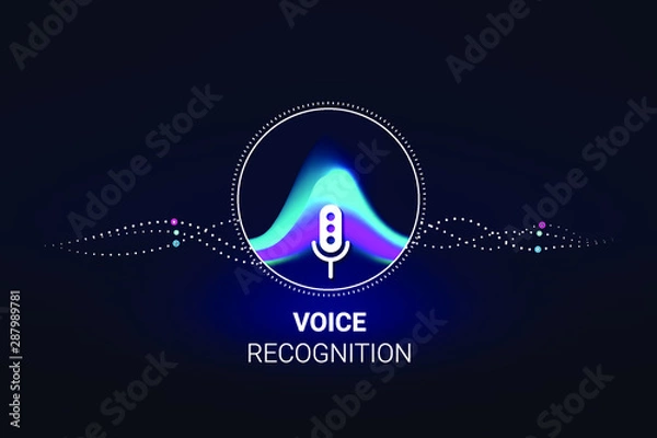 Fototapeta Personal assistant. Voice recognition. Smart sound technologies. Microphone  with voice and sound. Vector background. Intelligent music waves recognition technology. 