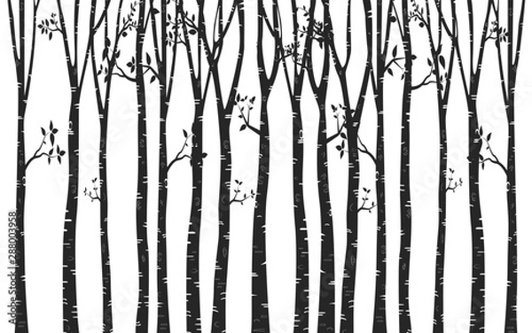 Fototapeta Birch Tree with deer and birds Silhouette Background