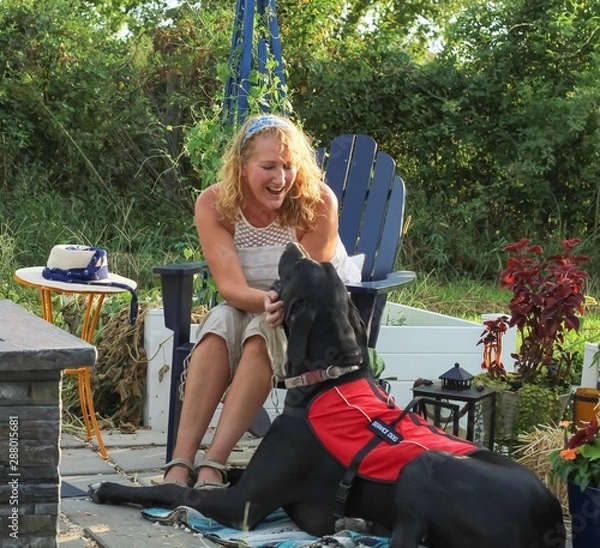 Fototapeta Older adult Caucasian woman with mobility issue is able to enjoy the outdoors on her patio with the help of her loyal and attentive Great Dane service dog by her side